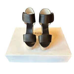 Celine Slingback Platform Sandal Heels in Black Leather Size 36 1/2